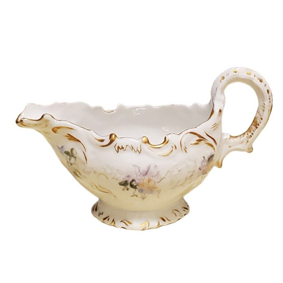 Vtg Limoges Creamer Serveware Ceramic Porcelain White Gold Trim Flowers France - Picture 2 of 5